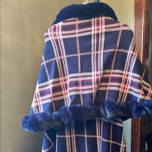 Plaid Cape with Faux Fur Trim